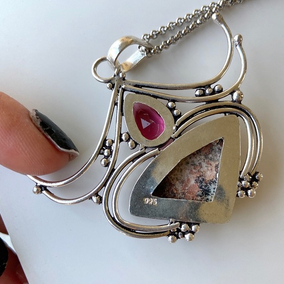 925 Sterling silver pink topaz & jasper necklace - Picture 7 of 8